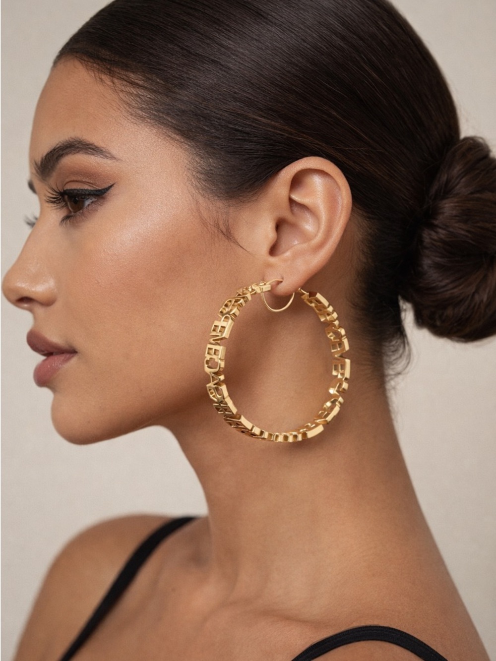Gold Cutout Logo Lettering Hoop Earrings - Picture 2 of 8
